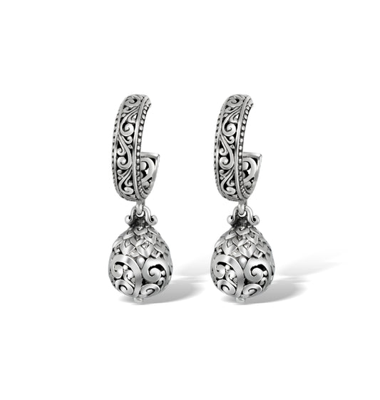 Balinese Scrollwork Hoop Earrings with Ornate Openwork Drop