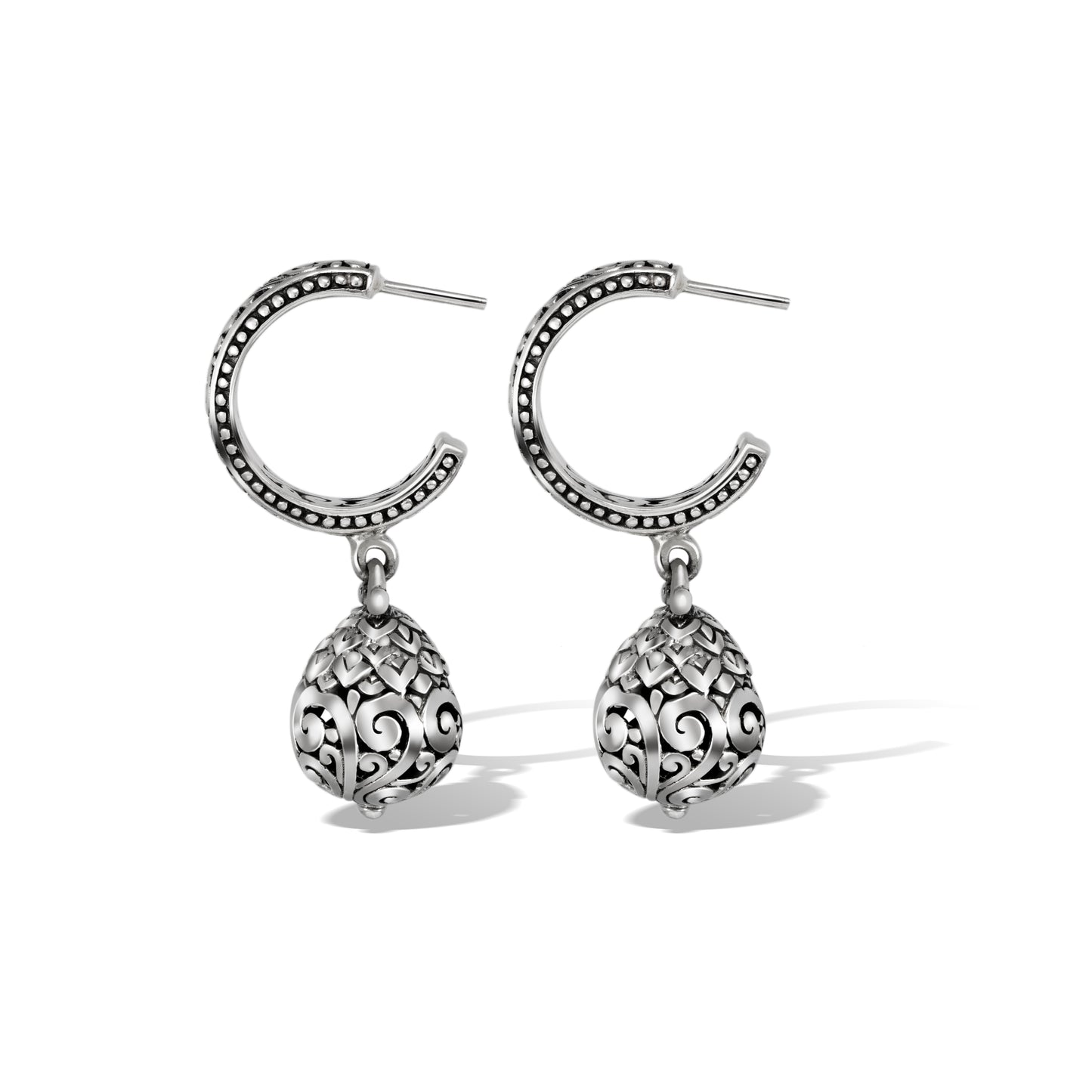 Balinese Scrollwork Hoop Earrings with Ornate Openwork Drop
