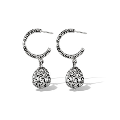 Balinese Scrollwork Hoop Earrings with Ornate Openwork Drop