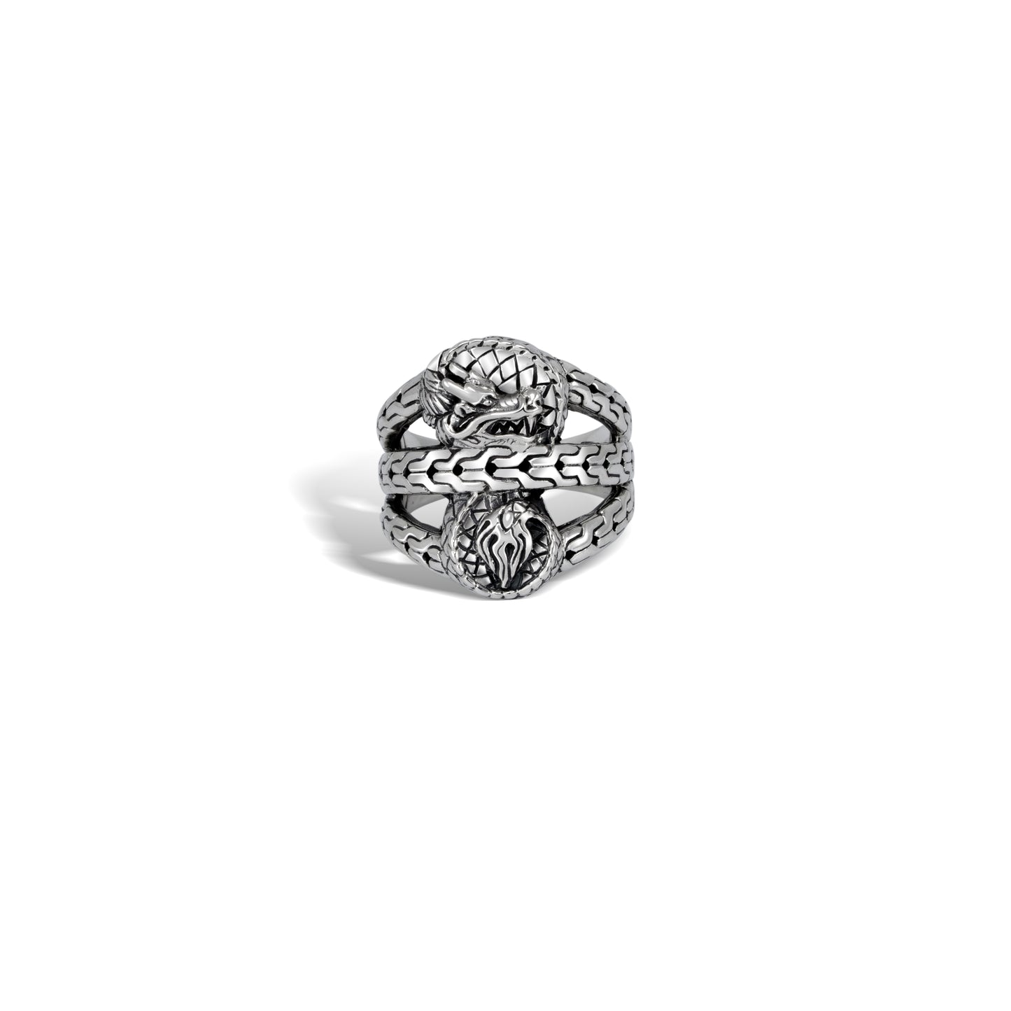 Sterling Silver Dragon Double-Head Ring with Intricate Balinese Engraving