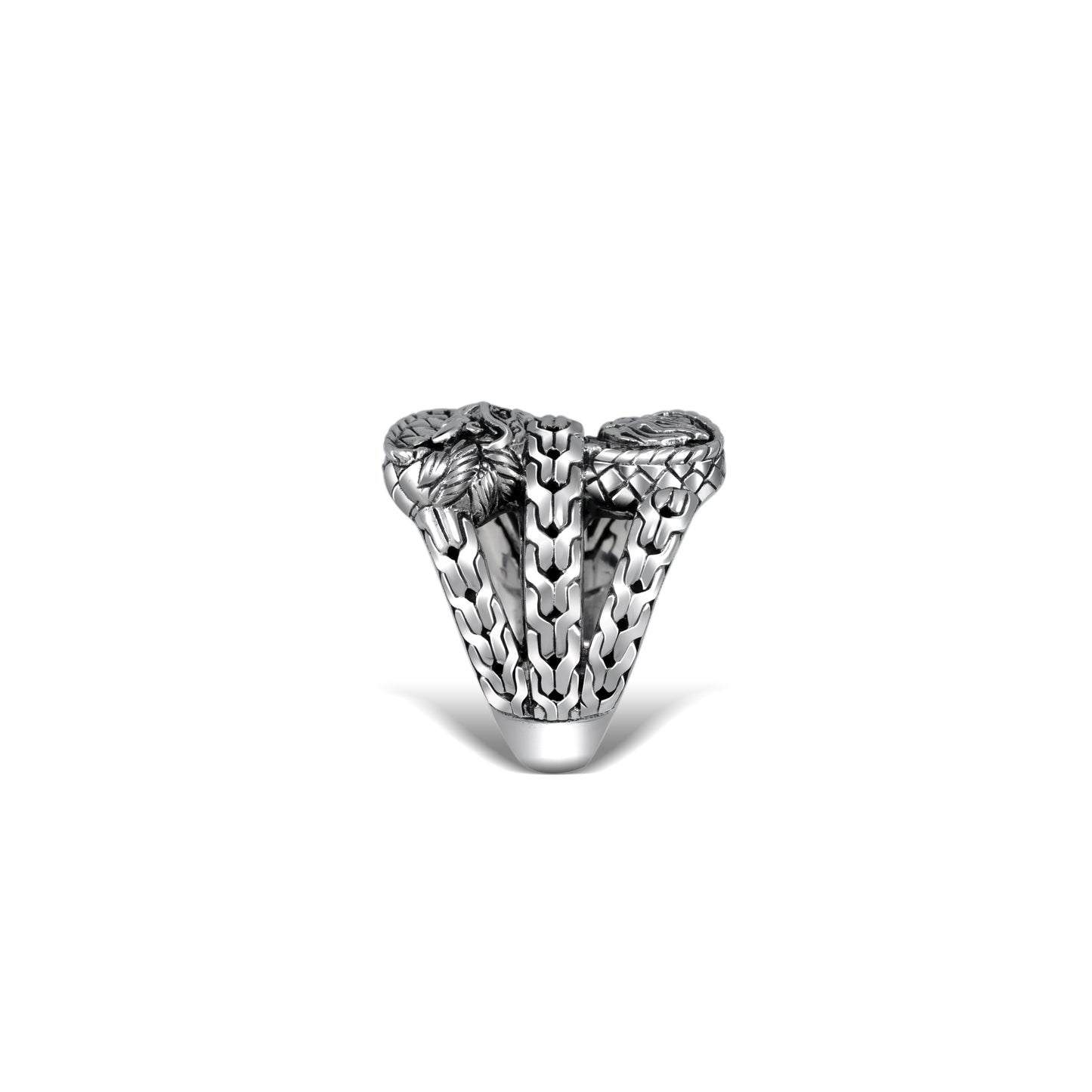 Sterling Silver Dragon Double-Head Ring with Intricate Balinese Engraving