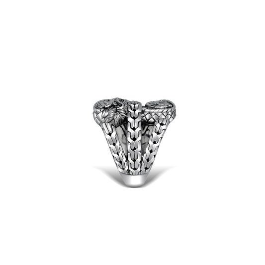 Sterling Silver Dragon Double-Head Ring with Intricate Balinese Engraving
