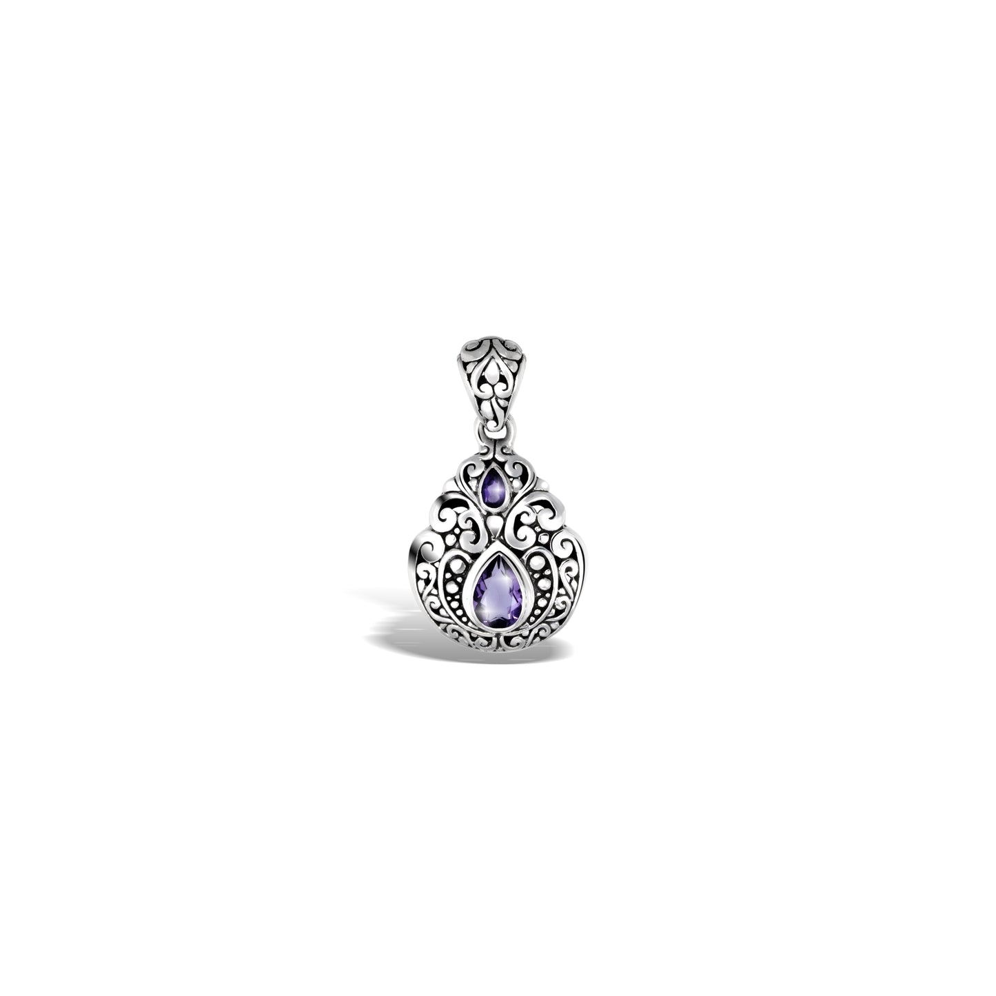 Sterling Silver Double Amethyst Teardrop Pendant with Ornate Scrollwork
