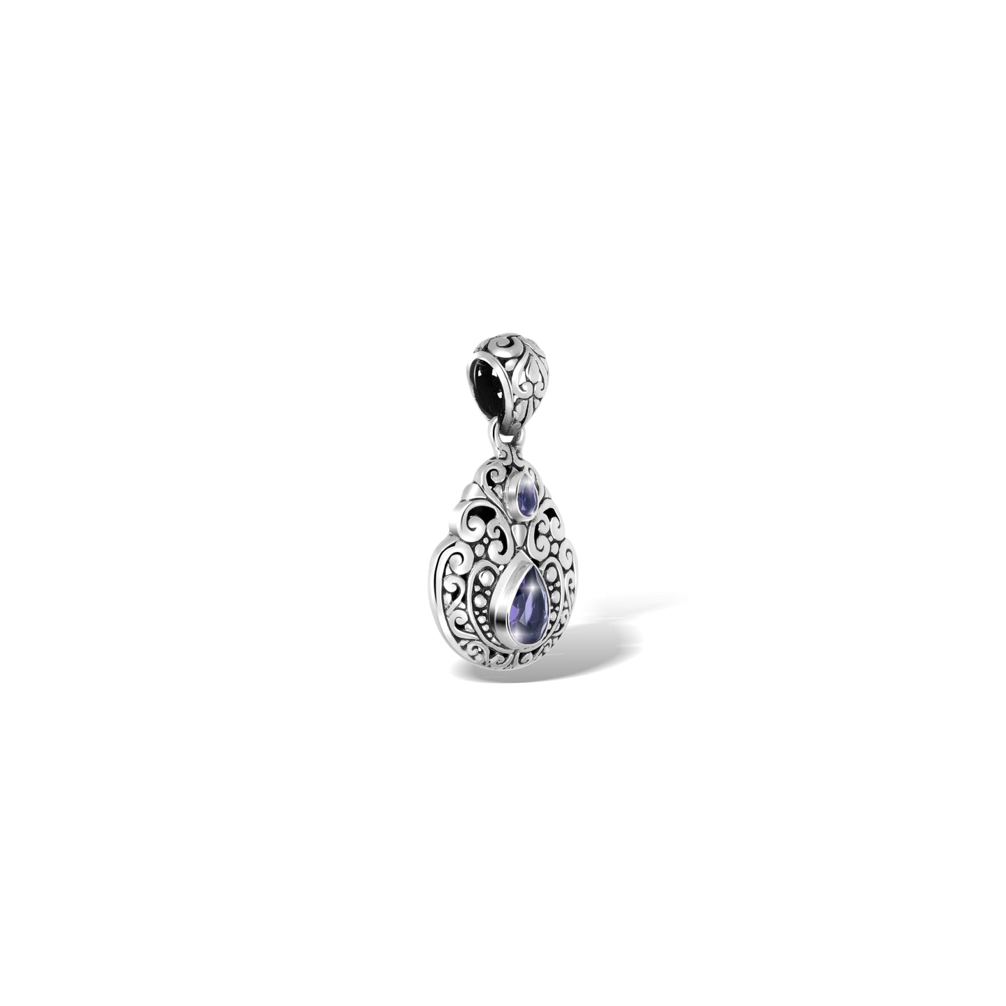 Sterling Silver Double Amethyst Teardrop Pendant with Ornate Scrollwork