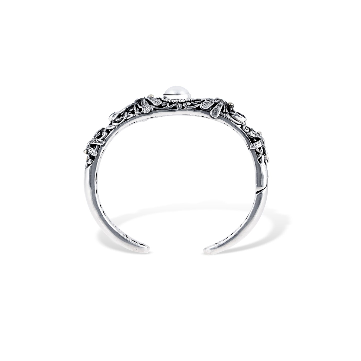 Handcrafted Balinese Sterling Silver Dragonfly Cuff Bracelet with Pearl & Multi Gemstones