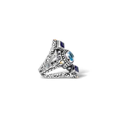 Handcrafted Bali Sterling Silver Ring with Blue Topaz, Amethyst & 18K Gold Accents