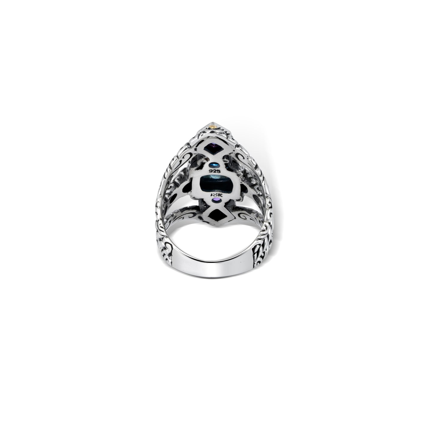 Handcrafted Bali Sterling Silver Ring with Blue Topaz, Amethyst & 18K Gold Accents