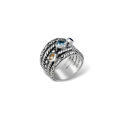 Multi-Band Ring with Twisted Detail, Scrollwork & Multi-Color Gemstones