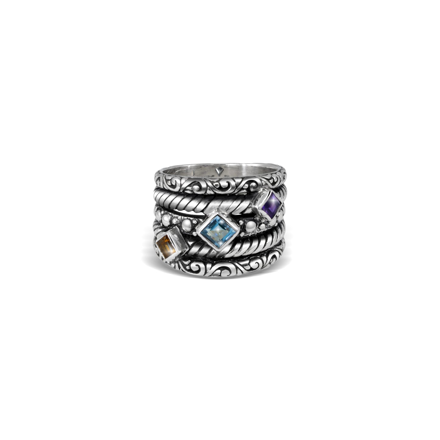Multi-Band Ring with Twisted Detail, Scrollwork & Multi-Color Gemstones
