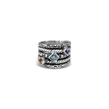 Multi-Band Ring with Twisted Detail, Scrollwork & Multi-Color Gemstones