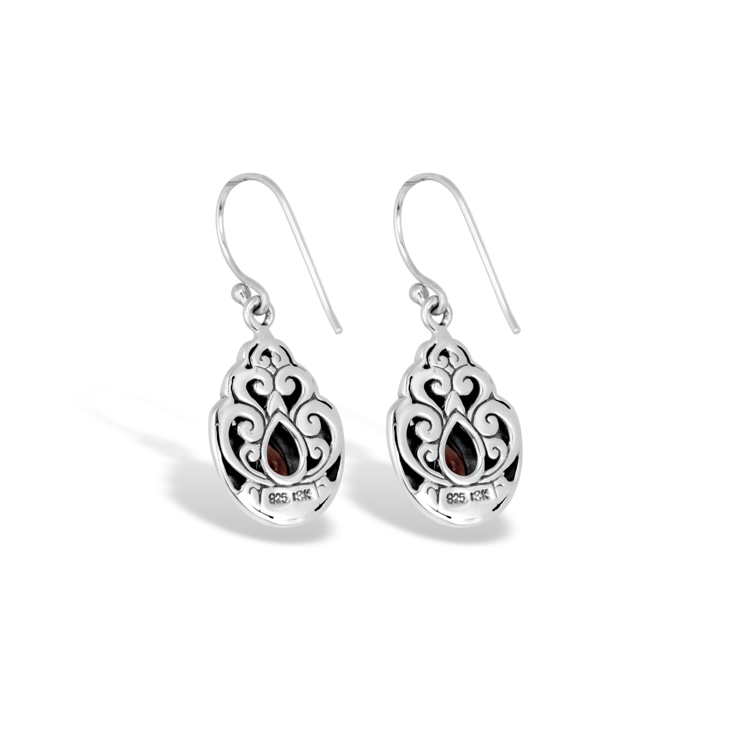 Balinese Sterling Silver Teardrop Earrings with Intricate Scrollwork & Garnet