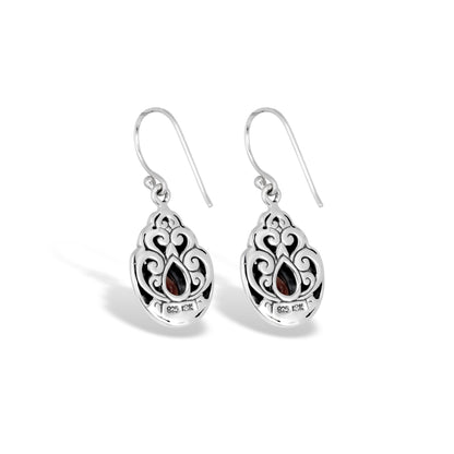 Balinese Sterling Silver Teardrop Earrings with Intricate Scrollwork & Garnet