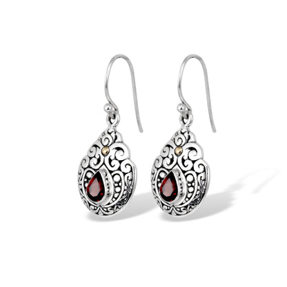 Balinese Sterling Silver Teardrop Earrings with Intricate Scrollwork & Garnet