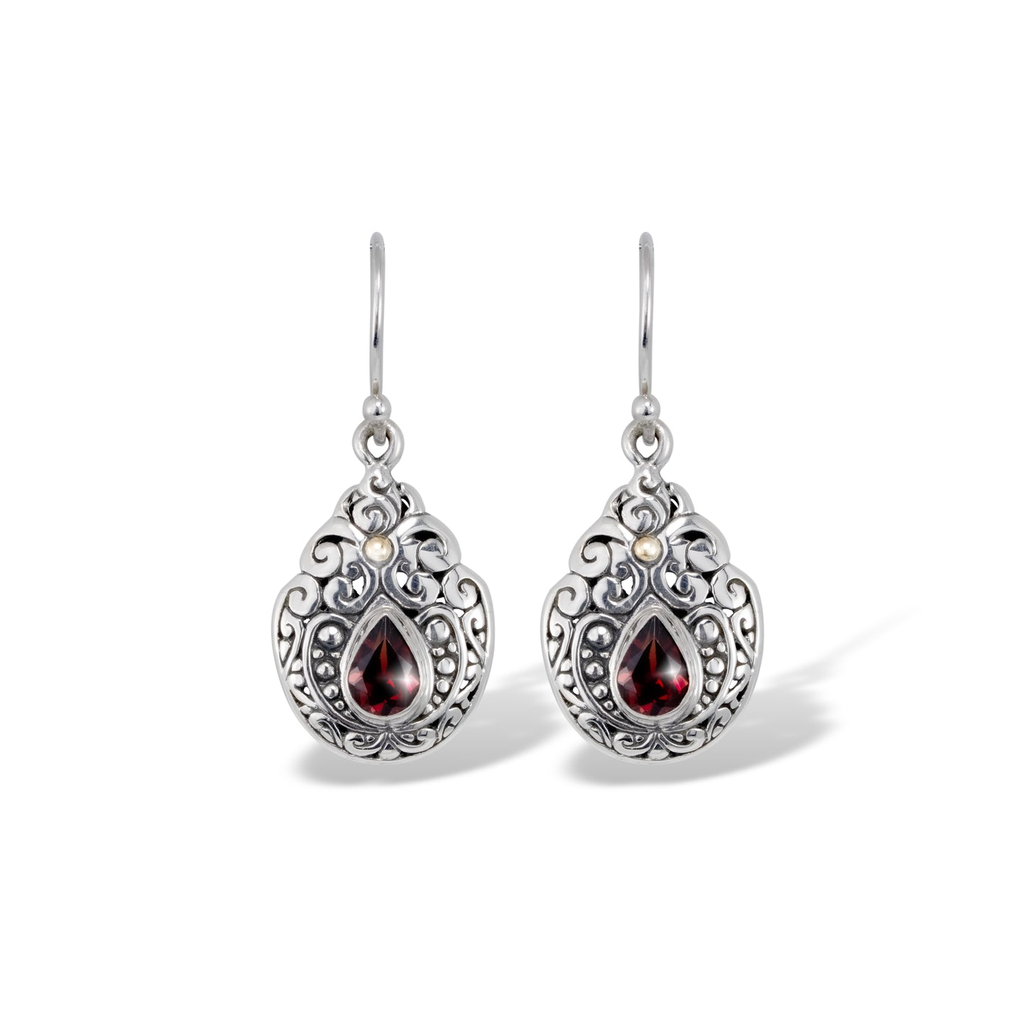 Balinese Sterling Silver Teardrop Earrings with Intricate Scrollwork & Garnet