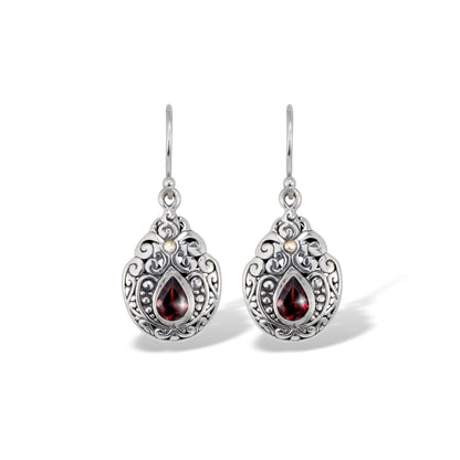 Balinese Sterling Silver Teardrop Earrings with Intricate Scrollwork & Garnet