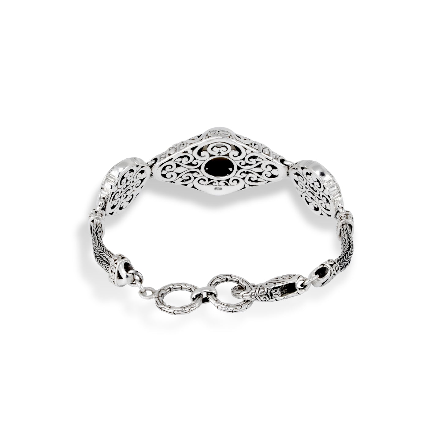 Balinese Sterling Silver Bracelet with Intricate Scrollwork, Woven Detail & Pearl Center