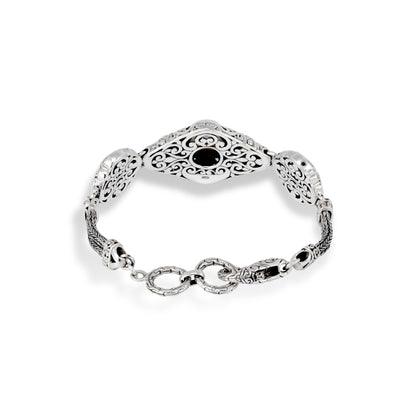 Balinese Sterling Silver Bracelet with Intricate Scrollwork, Woven Detail & Pearl Center