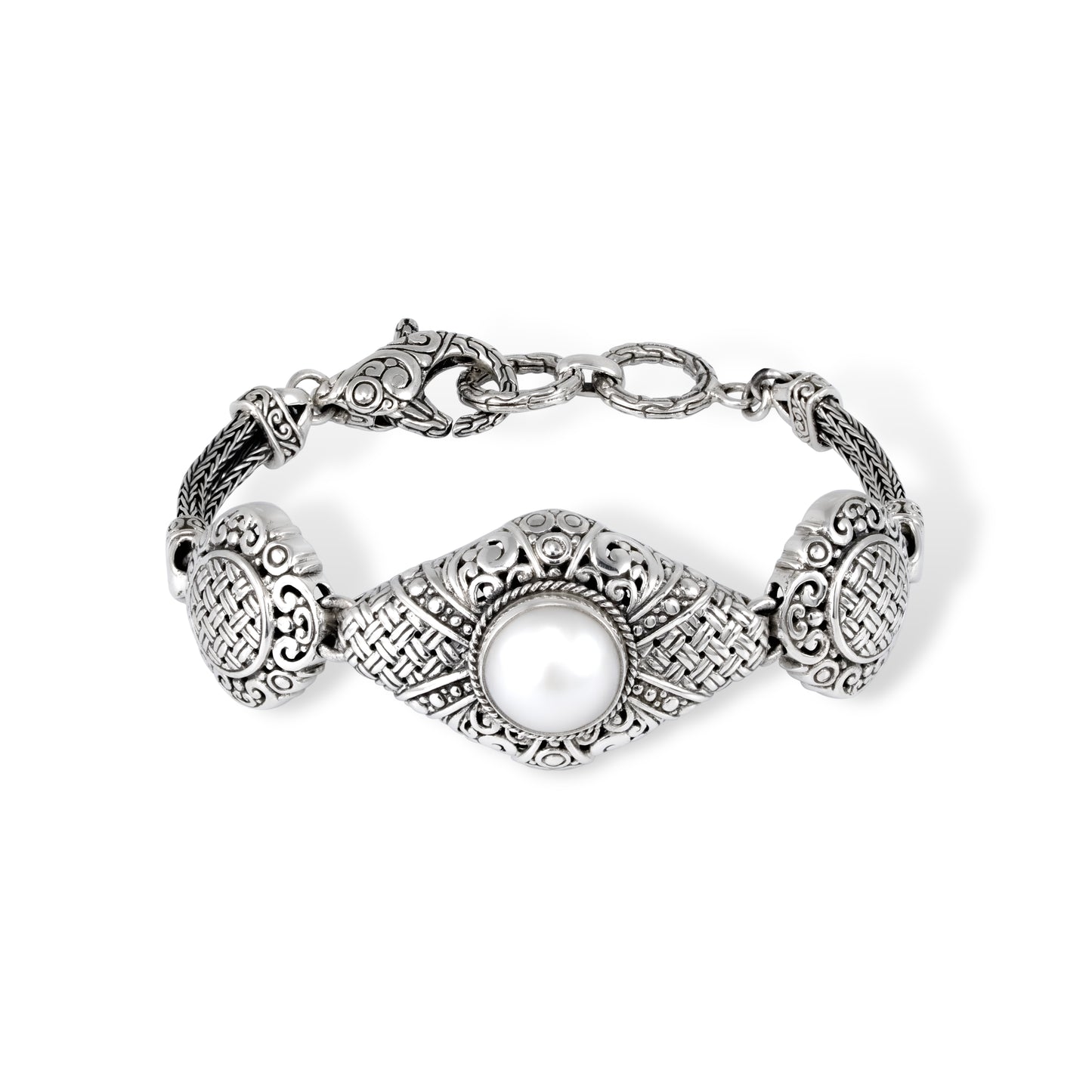Balinese Sterling Silver Bracelet with Intricate Scrollwork, Woven Detail & Pearl Center