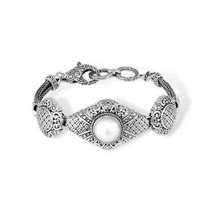 Balinese Sterling Silver Bracelet with Intricate Scrollwork, Woven Detail & Pearl Center