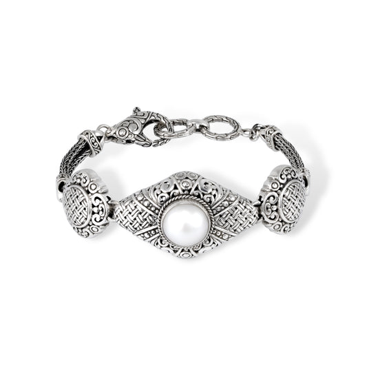 Balinese Sterling Silver Bracelet with Intricate Scrollwork, Woven Detail & Pearl Center
