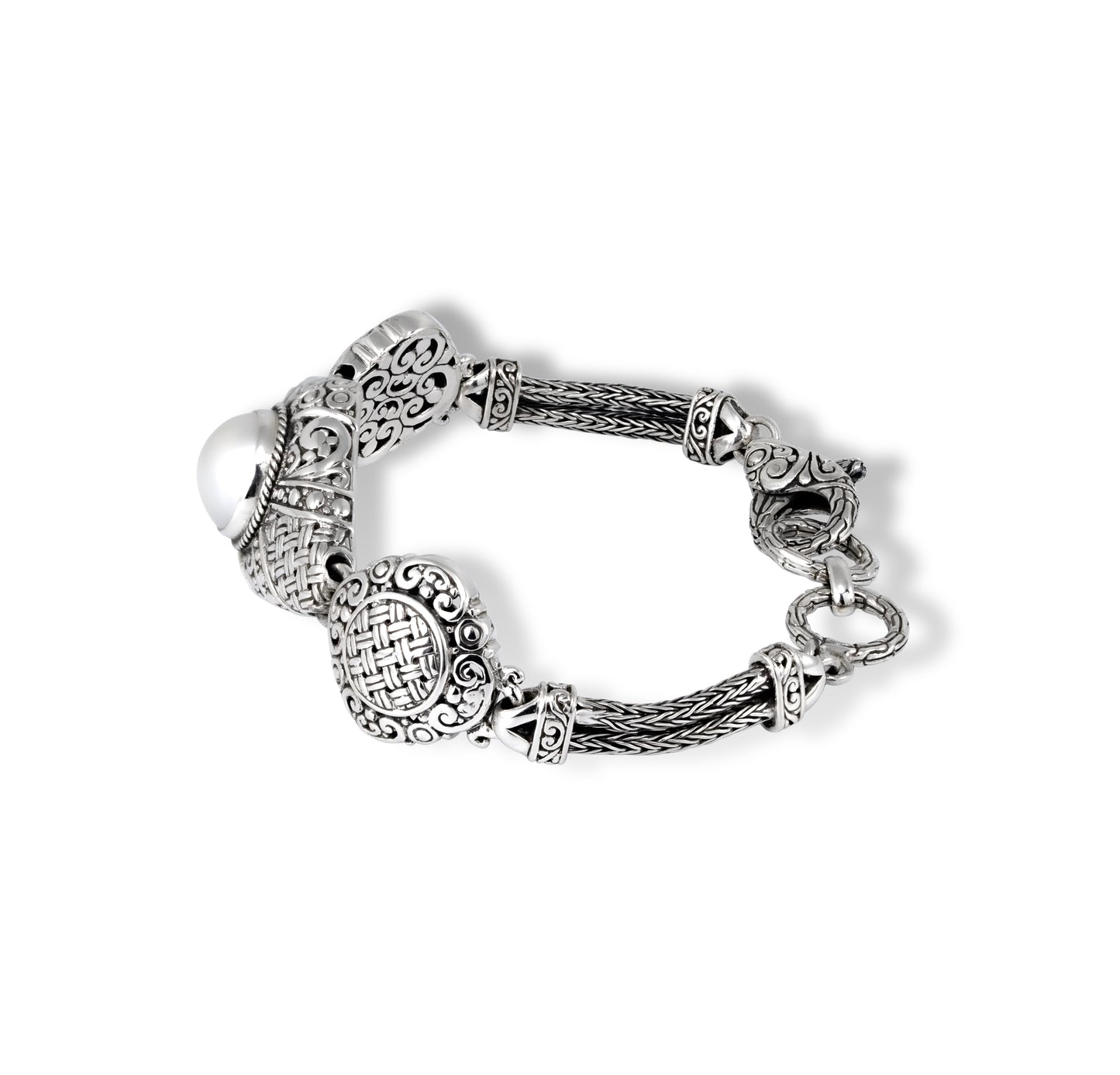 Balinese Sterling Silver Bracelet with Intricate Scrollwork, Woven Detail & Pearl Center