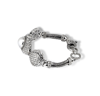 Balinese Sterling Silver Bracelet with Intricate Scrollwork, Woven Detail & Pearl Center