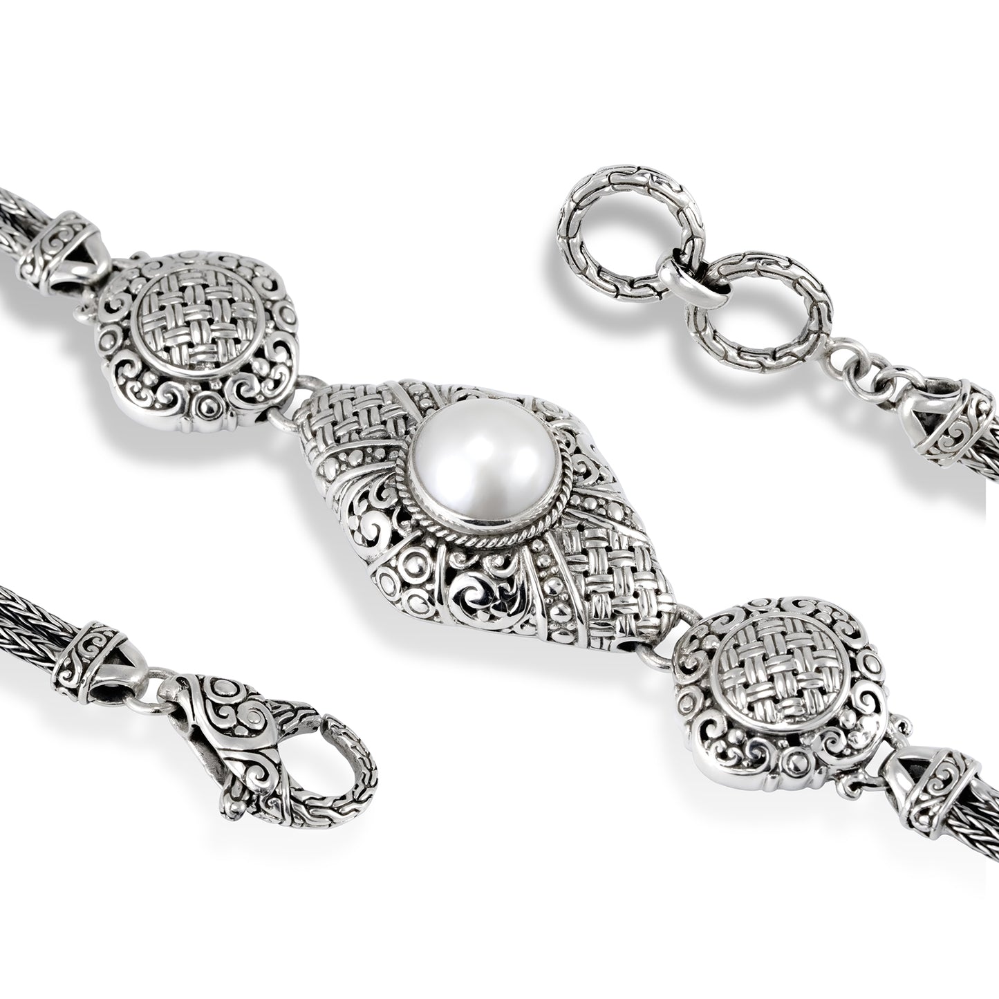 Balinese Sterling Silver Bracelet with Intricate Scrollwork, Woven Detail & Pearl Center