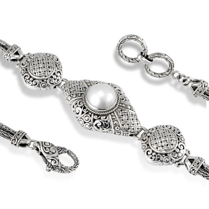Balinese Sterling Silver Bracelet with Intricate Scrollwork, Woven Detail & Pearl Center