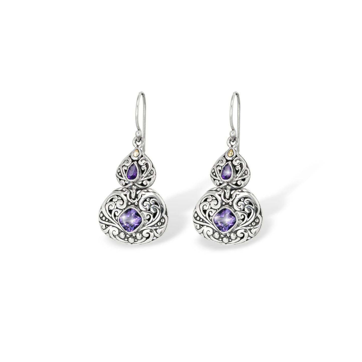 Handcrafted Sterling Silver Amethyst Teardrop Drop Earrings with Ornate Scrollwork