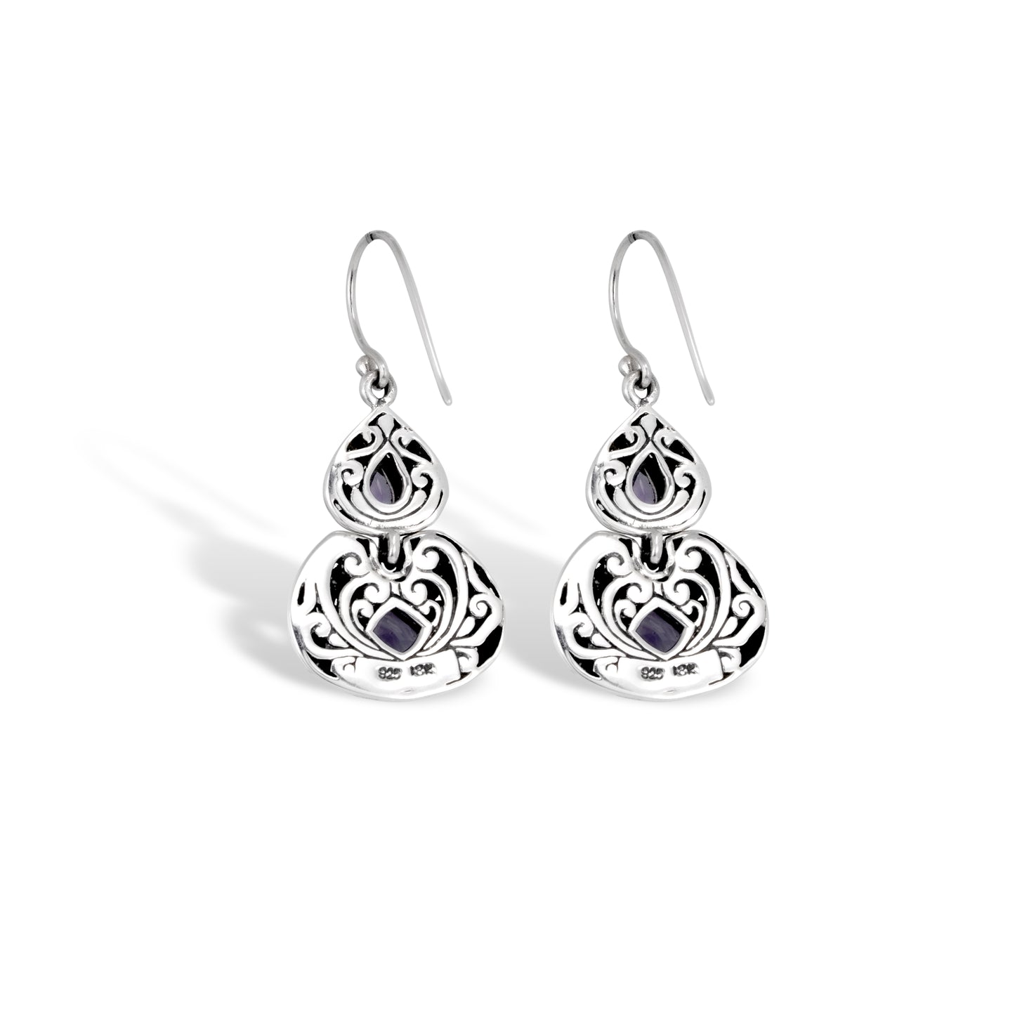 Handcrafted Sterling Silver Amethyst Teardrop Drop Earrings with Ornate Scrollwork