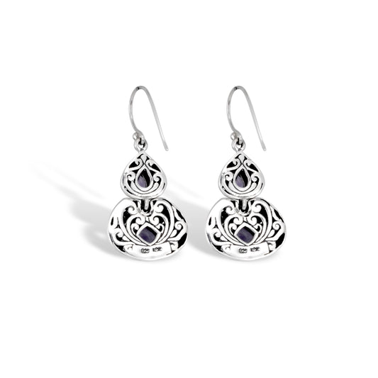 Handcrafted Sterling Silver Amethyst Teardrop Drop Earrings with Ornate Scrollwork