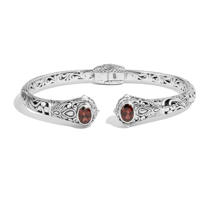 Balinese Garnet Sterling Silver Open Cuff Bracelet with Intricate Scrollwork