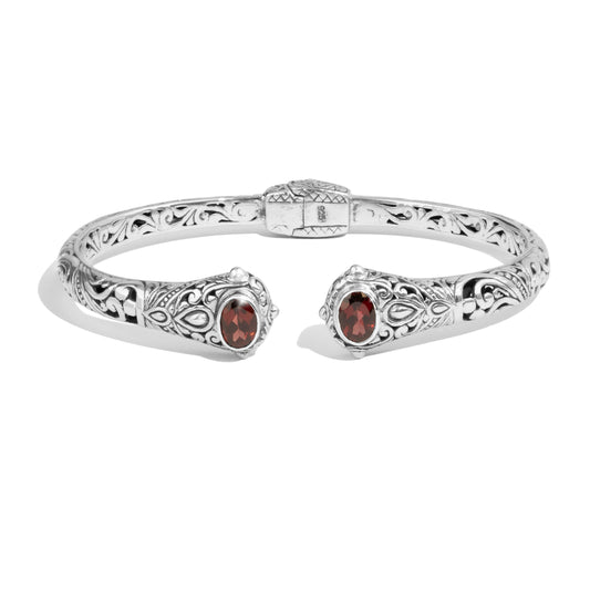 Balinese Garnet Sterling Silver Open Cuff Bracelet with Intricate Scrollwork