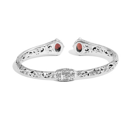 Balinese Garnet Sterling Silver Open Cuff Bracelet with Intricate Scrollwork