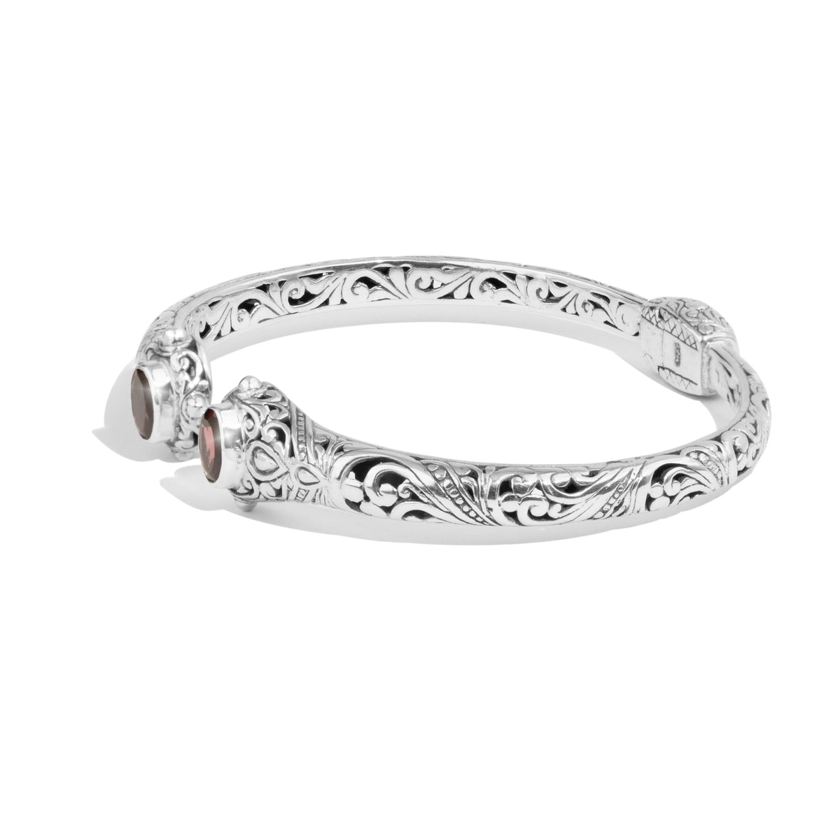 Balinese Garnet Sterling Silver Open Cuff Bracelet with Intricate Scrollwork