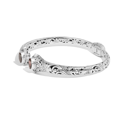 Balinese Garnet Sterling Silver Open Cuff Bracelet with Intricate Scrollwork