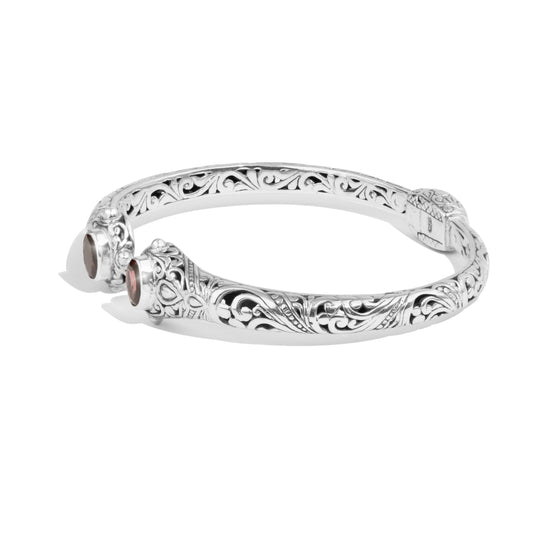 Balinese Garnet Sterling Silver Open Cuff Bracelet with Intricate Scrollwork