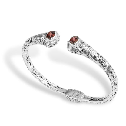 Balinese Garnet Sterling Silver Open Cuff Bracelet with Intricate Scrollwork