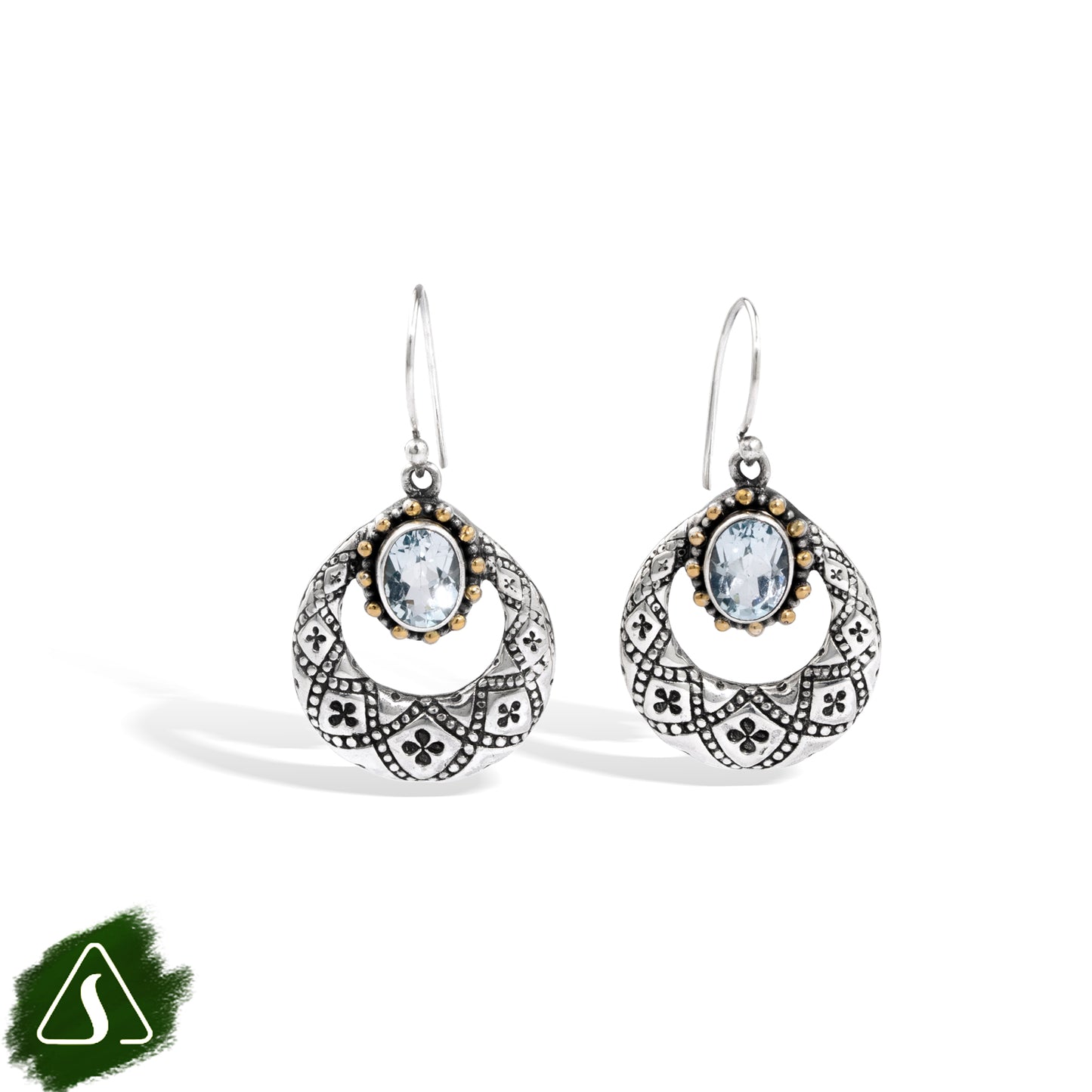 Silver Blue Topaz Dangle Earrings with 18K Gold Accents