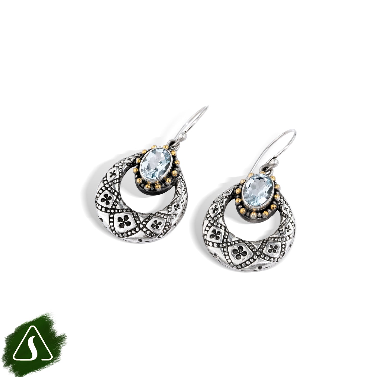 Silver Blue Topaz Dangle Earrings with 18K Gold Accents