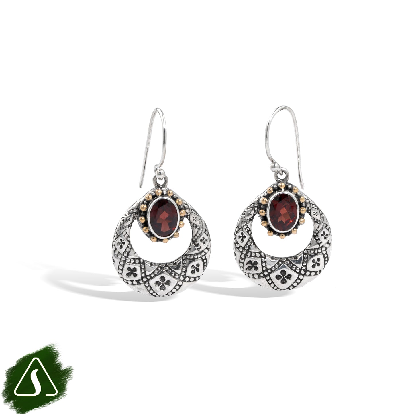 Silver Garnet Dangle Earrings with 18K Gold Accents