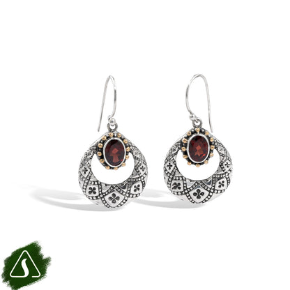 Silver Garnet Dangle Earrings with 18K Gold Accents