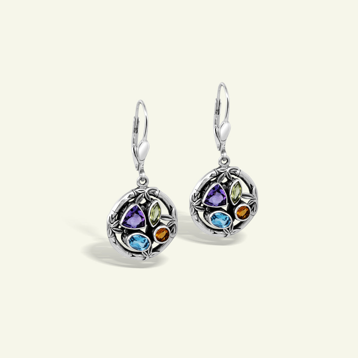 Heritage Bamboo Essence Multistone Sterling Silver Drop Earrings with Artisanal Floral Motifs