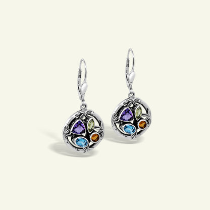 Heritage Bamboo Essence Multistone Sterling Silver Drop Earrings with Artisanal Floral Motifs
