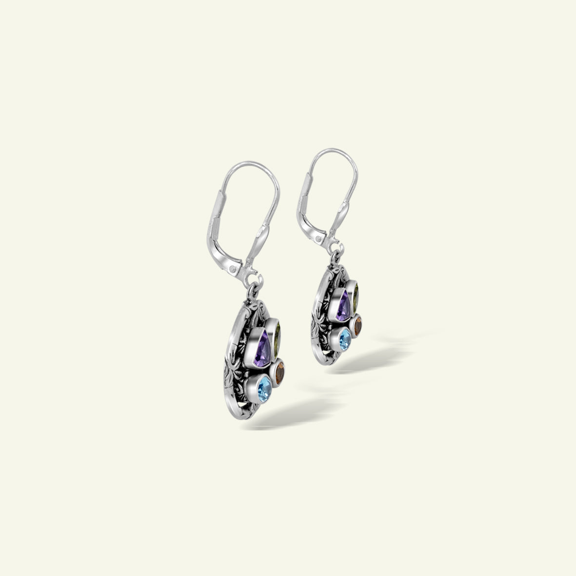 Heritage Bamboo Essence Multistone Sterling Silver Drop Earrings with Artisanal Floral Motifs