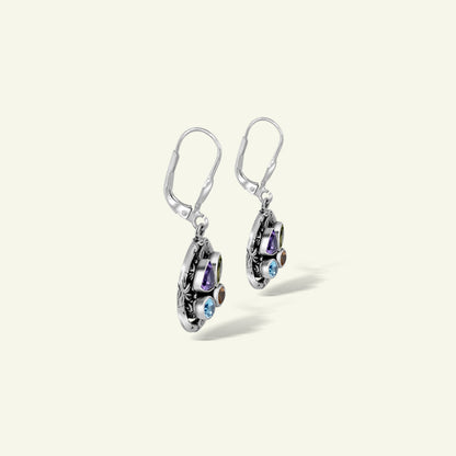 Heritage Bamboo Essence Multistone Sterling Silver Drop Earrings with Artisanal Floral Motifs