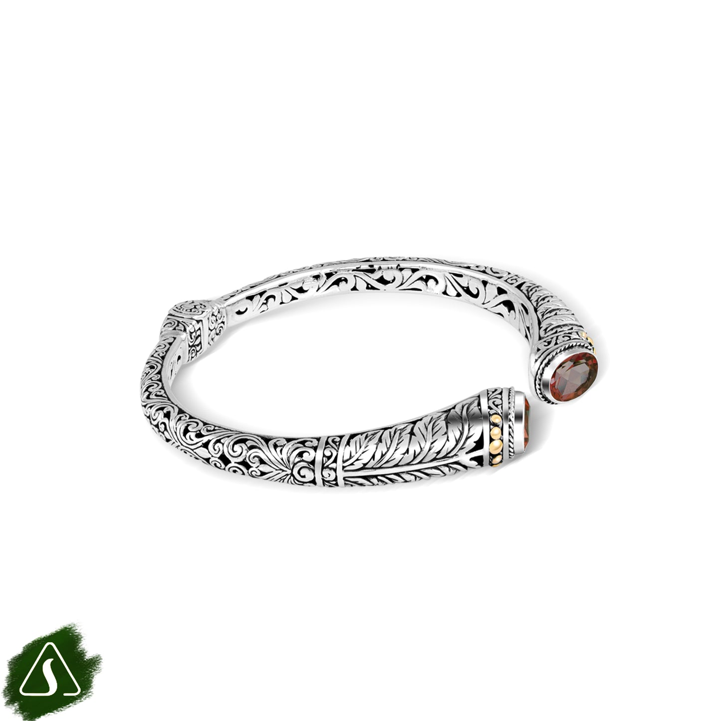 Handcrafted Balinese Silver Cuff Bracelet with Natural Stone Accents