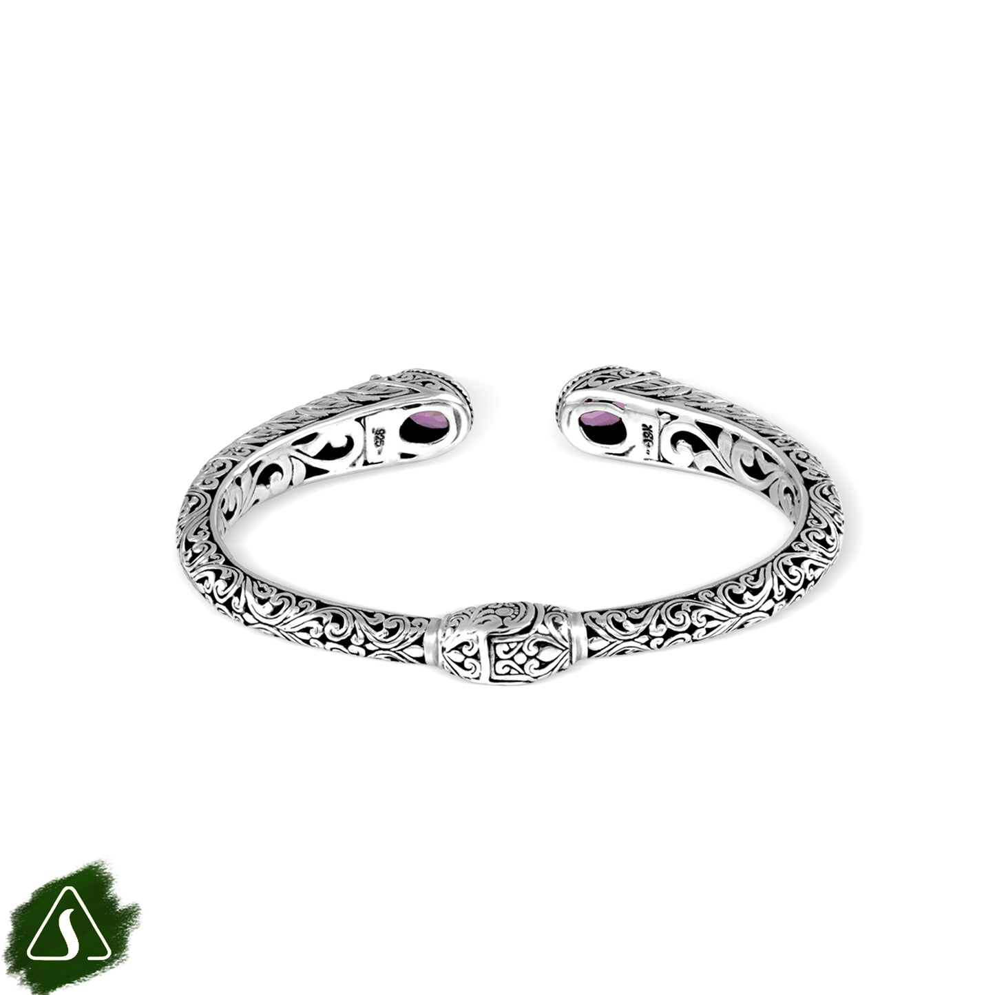 Handcrafted Balinese Silver Cuff Bracelet with Natural Stone Accents