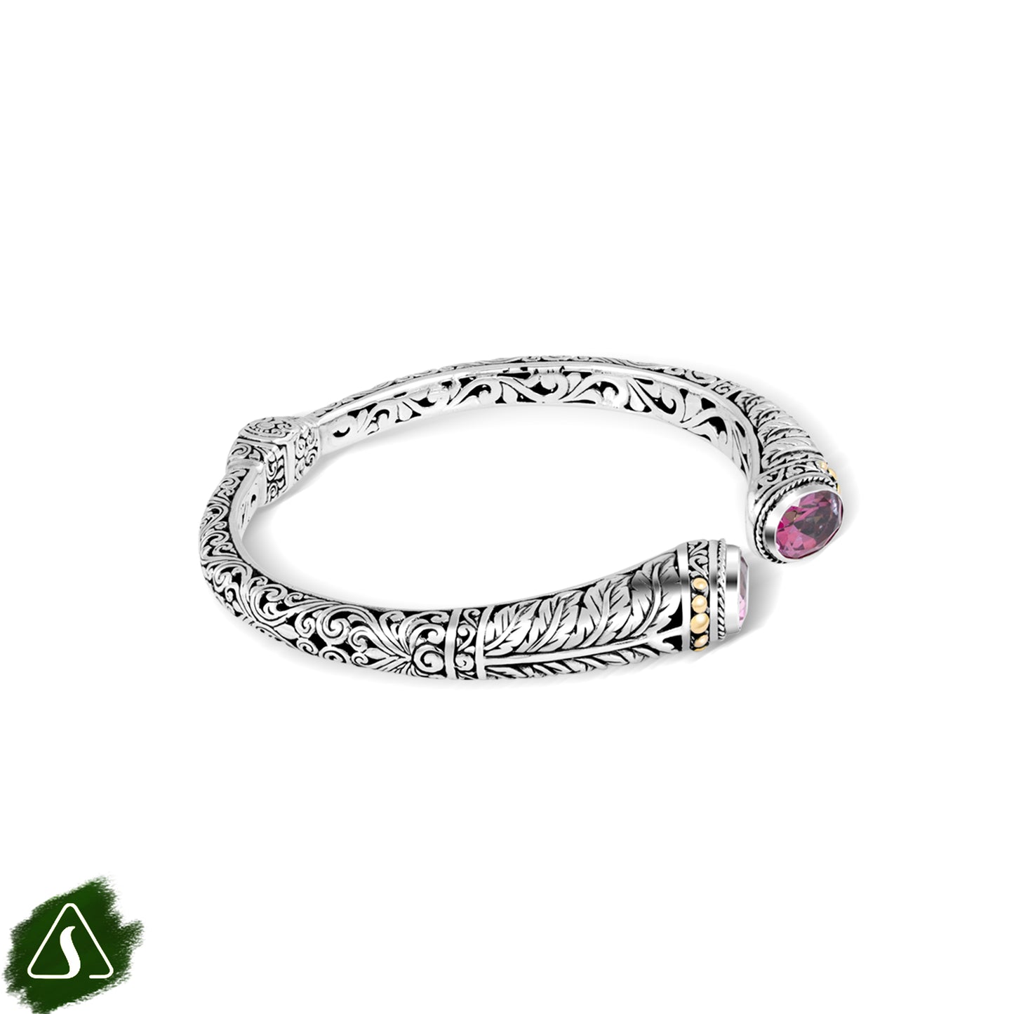 Handcrafted Balinese Silver Cuff Bracelet with Natural Stone Accents