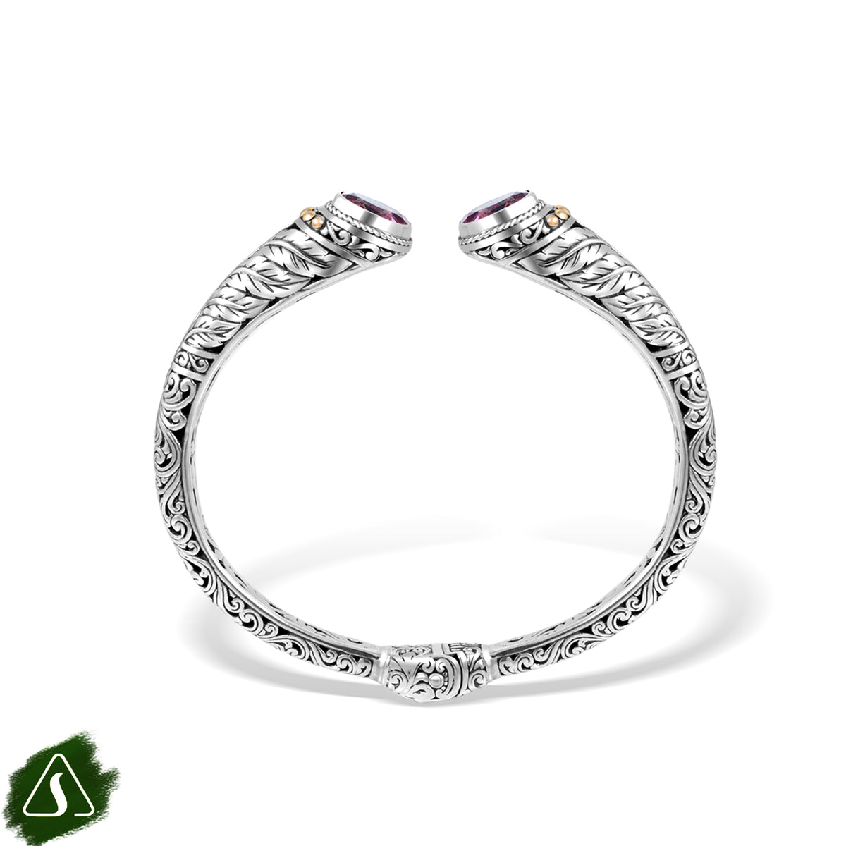 Handcrafted Balinese Silver Cuff Bracelet with Natural Stone Accents